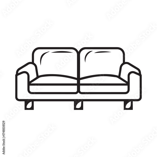 Minimalist sofa outline in black and white displays a modern seating arrangement on white background