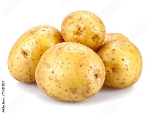 Close-up view of a group of fresh, round potatoes against a plain white background.