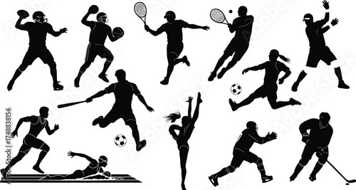 Silhouettes of athletes in action, sports diversity, fitness motion, dynamic movement, team play, competitive energy, physical strength, outdoor and indoor activity
