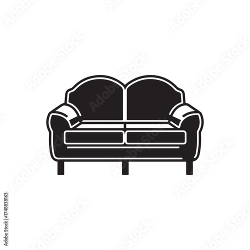 Silhouette drawing depicts a two seater sofa with simple lines on a white background
