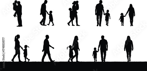 Family silhouettes, parent child interaction, walking together, holding hands, bonding moments, black figures, white background, caregiving, love, support, unity, parenting, childhood, conne