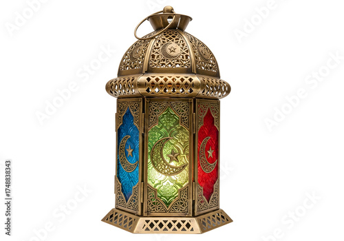 Ornate Golden Lantern with Colored Glass Panels Illuminated against Black Background