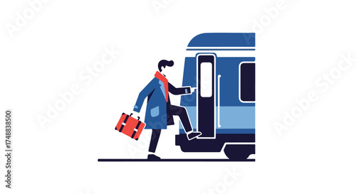 Stylish Traveler Embarking on a Railway Journey, Flat Vector Illustration Portraying Transportation and Adventures with Elegance