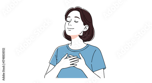 Illustration of a serene woman practicing self-care and gratitude in a relaxed pose on a neutral backdrop