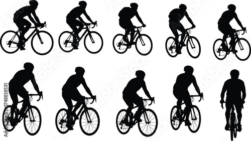 Cyclist silhouettes, road bike riders, urban commute, black and white, sports posture, backpack gear, fitness motion, minimal design, transportation concept