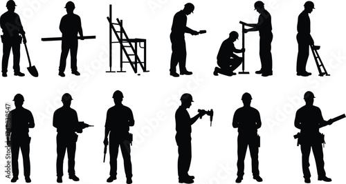 Construction workers silhouette, labor team illustration, industrial job site, building crew vector, occupational safety, tools, scaffold, blueprint, teamwork, repair