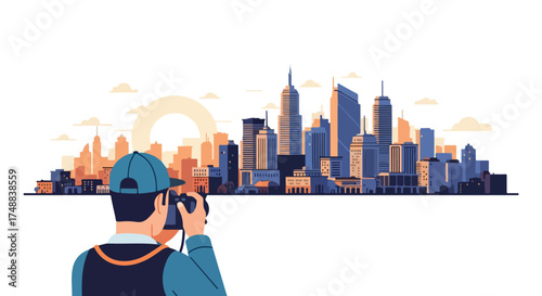 Capturing the Cityscape: A photographer immortalizes the urban panorama with a camera, emphasizing the blend of architectural prowess and artistic