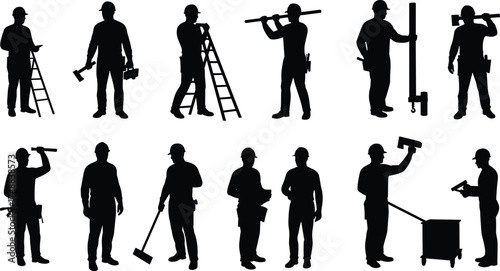 Construction workers, silhouettes, tools, teamwork, labor, industrial site, ladder, hammer, paint roller, mop, wrench, inspection, building, safety, teamwork, jobsite, engineering, manu
