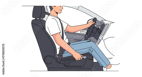 Illustration depicting a driver correctly seated, wearing a seatbelt and hand pulling the emergency brake inside modern car interior illustration