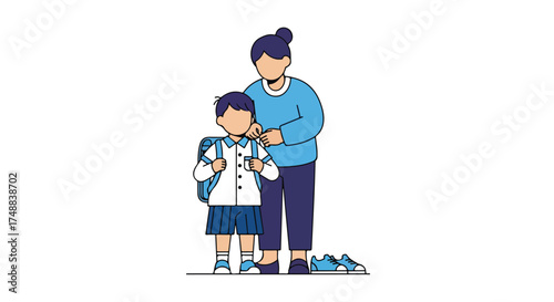 Illustration of a mother tenderly preparing her young son for his first day of school with care and love, depicting a moment of family bonding and