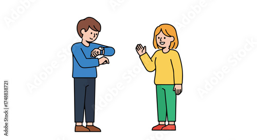 Cartoon depiction of a man checking his wristwatch while a woman waves in greeting or farewell conveying the concept of punctuality meeting or