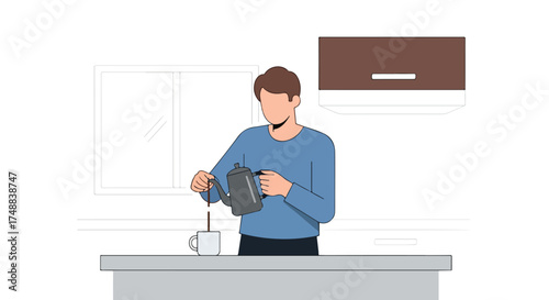 Faceless man in blue sweater pours drink from dark gray pitcher into white mug in modern kitchen illustration