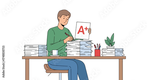 Illustrative depiction of a teacher grading stacks of papers reaching exceptional students marking A+ grades on assessment sheets