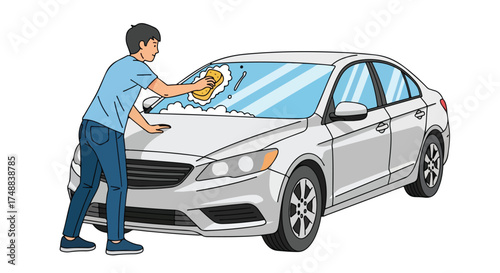 Illustrated man washing a car with a sponge on white background for cleanliness and care illustration