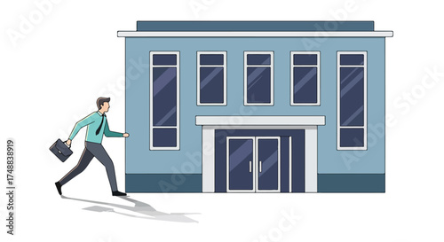 Illustration showcasing a hurried businessman approaching a modern architectural office building with a determined stride and briefcase in hand