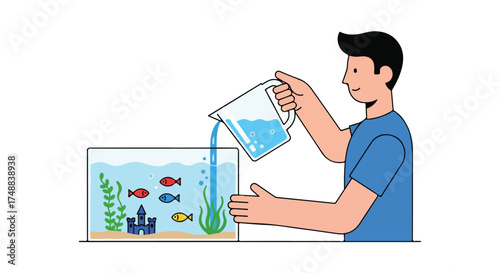 Refreshing the Fishbowl Home: A Man Gently Pours Clean Water into His Aquatic Ecosystem Habitat, Showing Care and Nurturing