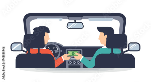 Stylized illustration depicting a financial transaction inside vehicle during travel in simplified art form