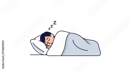 Illustration of sleeping man under covers showcasing rest and dreaming peacefully in bed, suitable for sleep aid advertisement 157 characters