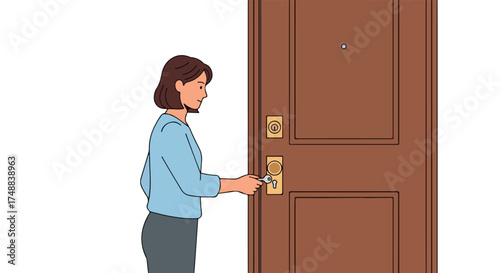Woman unlocks apartment front door, cartoon illustration depicting arrival or security with home entry with everyday life scene of returning