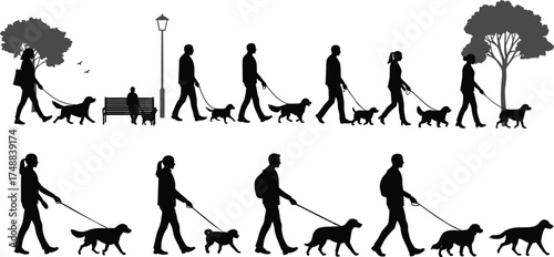 Dog walking silhouettes, urban park scene, pet owner activity, streetlamp bench moment, tree background, black figures, outdoor lifestyle, vector illustration