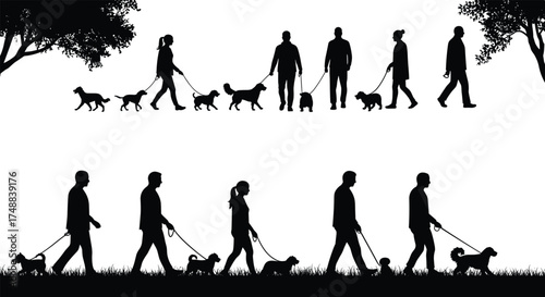 Silhouette, dog walking, people outdoors, pet lovers, leash, nature, trees, park, black and white, graphic art, vector, minimal, urban, lifestyle, animal, walking scene, human figures, 