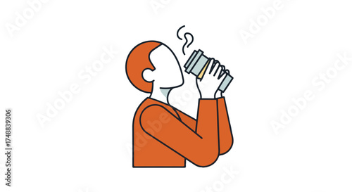 Illustration of a person enjoying a hot beverage from a disposable cup in a minimalist style