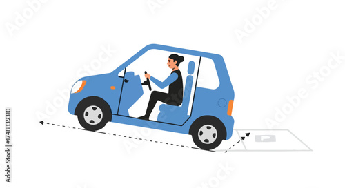 Illustration showing a woman driving a compact blue car, navigating into a marked parking space on a downward slope with care