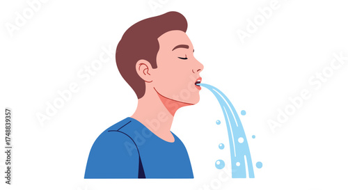 Illustration of a young man gargling or expelling water, showcasing a healthy habit for daily life and overall well-being for hygiene 89 characters