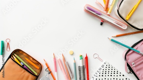 White Background Stationery Set for Students: Showcasing Practical, Colorful, and Organized School Supplies – Including Notebooks, Pens, Pencils, and Binders, Ideal Visuals for Back-to-School E-Commer