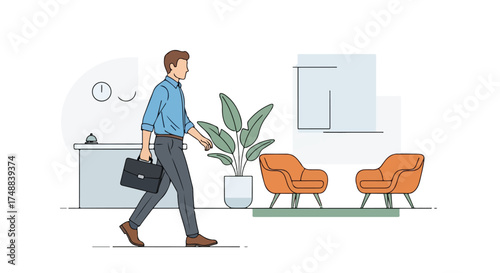 Animated Businessman Enters Modern Lobby With Orange Chairs and Green Plants, Arriving with Briefcase for Scheduled Meeting