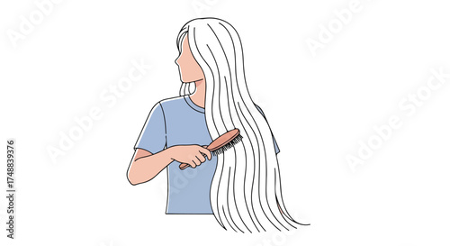 Woman with long white hair brushing her locks with a hairbrush in a serene grooming moment depicted in a simple cartoon style illustration