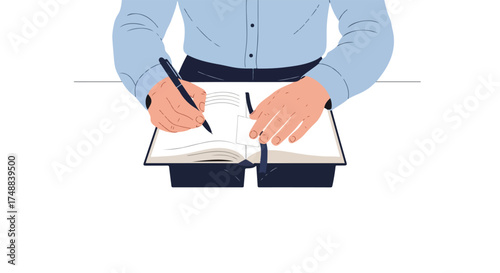 Person meticulously recording notes in an open notebook with a refined pen, crafting thoughtful entries and structuring ideas on a blank page