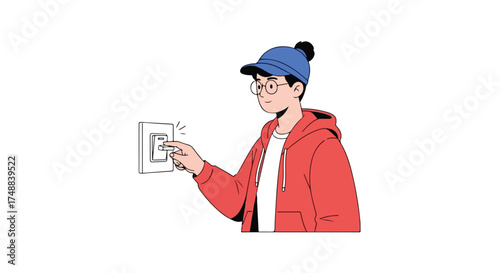 Illustration of a young person switching on a light switch with a red hoodie and blue baseball cap energizing environment friendly concept