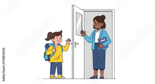 Welcoming gesture between a student and her teacher represents education and learning environment inside the building classroom