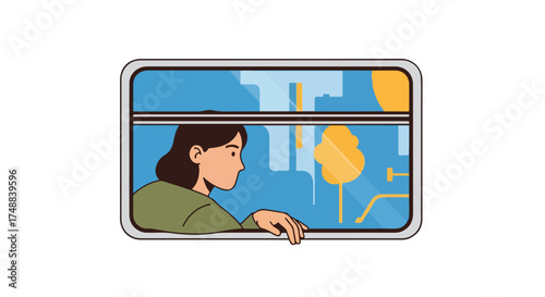Introspective journey gazing through train window, modern cityscape reflected on glass as woman contemplates outside world scene during travel
