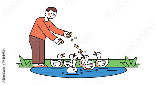 Minimalist illustration depicting a person joyfully feeding a group of cute ducks near a serene pond in a park on a sunny day with clean lines and