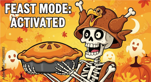 Vibrant cartoon scene with a skeleton in a turkey hat, holding a pumpkin pie, surrounded by autumn leaves, ghosts, and pumpkins, declaring "Feast Mode: Activated" for Halloween and Thanksgiving.
