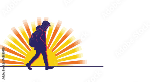 Silhouette of a hooded person walking at sunrise, symbolizing new beginnings and personal growth with a burst of bright colors and modern vector