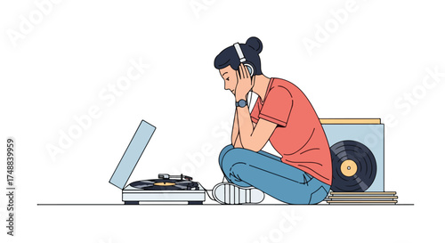 Vinyl Serenity: A Young Woman Lost in the Melodies of Her Record Collection during a Quiet Moment of Contemplation and Musical Indulgence