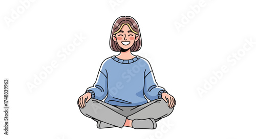 Illustration of a woman with a happy face meditating in a cross-legged position with a peaceful expression on her face isolated on white background