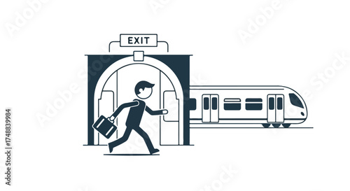 Stylized illustration depicting commuter rushing from train and exiting station tunnel to freedom