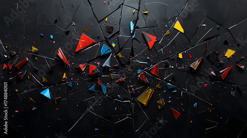 A shattered geometric pattern with sharp fragments of bright, contrasting colors scattered across a dark void, representing heartbreak or brokenness.
