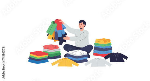 Organizing and sorting clothes at home depicts a man folding laundry surrounded by neatly stacked garments in various colors