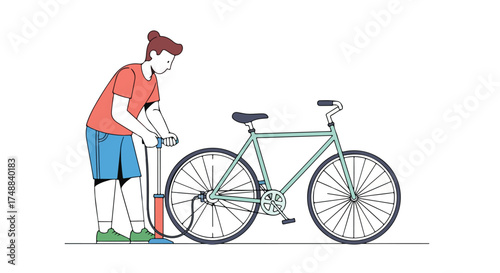 Boy Inflating Bicycle Tire with Hand Pump, Preparing for an Outdoor Adventure, Ensuring Optimal Performance with Proper Tire Pressure for a Safe