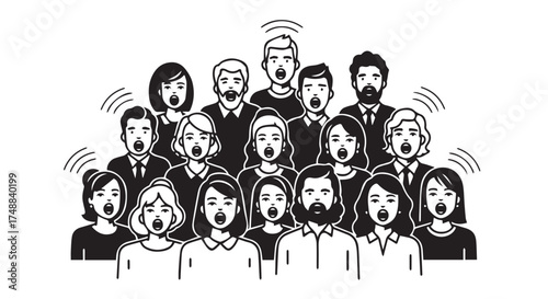 Minimalist Black and White Vector Crowd with Open Mouths and Sound Waves