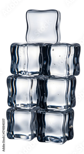 Stack of Transparent Ice Cubes on Black Background with Refractive Light and Shadows
