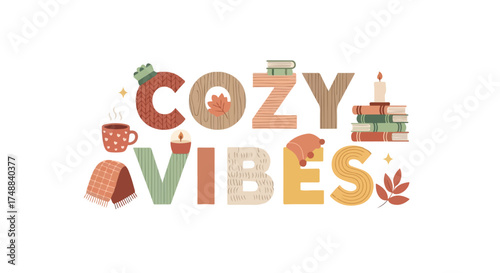 Inviting autumn composition with textured lettering, creating a warm, comforting ambiance and autumnal charm, evoking feelings of relaxation