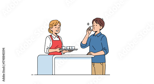 Customer drinking water served by friendly waitress at reception desk illustrated vector drawing expressing comfort and hydration refreshment and