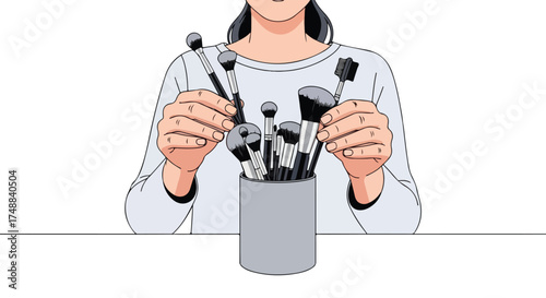 Artistic illustration of woman holding makeup brushes from container, showing the tools for achieving her desired aesthetic