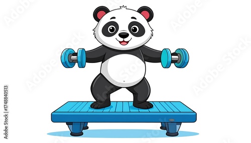 A cheerful cartoon panda bear, with a happy expression, performs a workout on a blue exercise platform, lifting dumbbells.